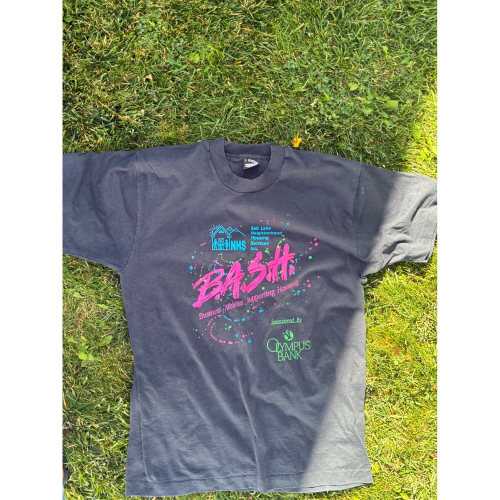 Vintage Screen Stars Best BASH Salt Lake Housing T-Shirt Black Neon Large USA